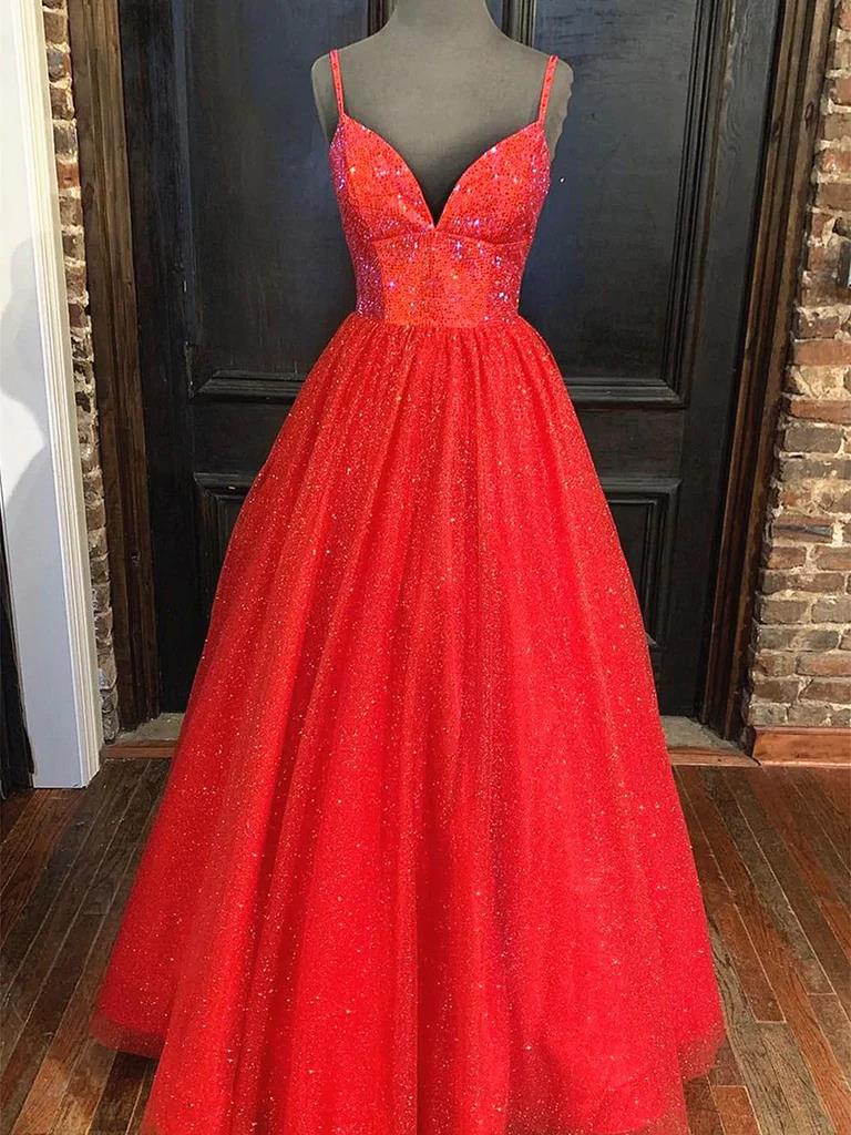 A Line Shiny V Neck Long Prom Dresses Long Formal Evening Dresses